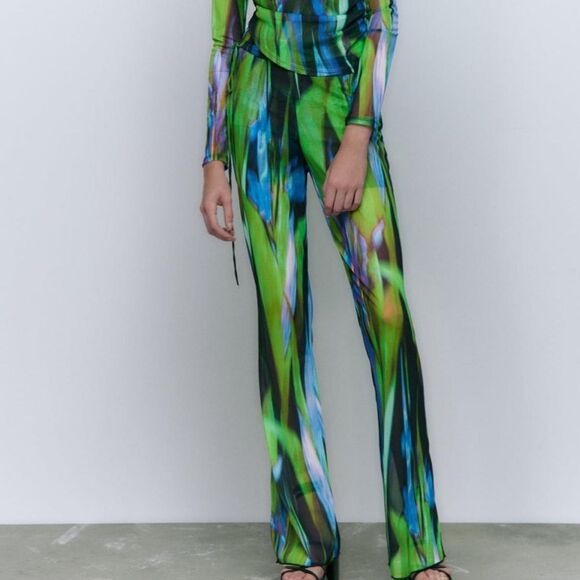 NWT Zara Tropical Printed Tulle Mesh Pants Small - Picture 1 of 5